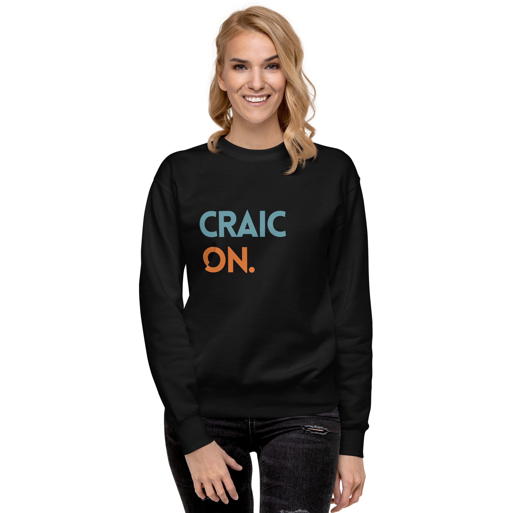 Funny Irish slogan jumper in black with ‘Craic on’ text