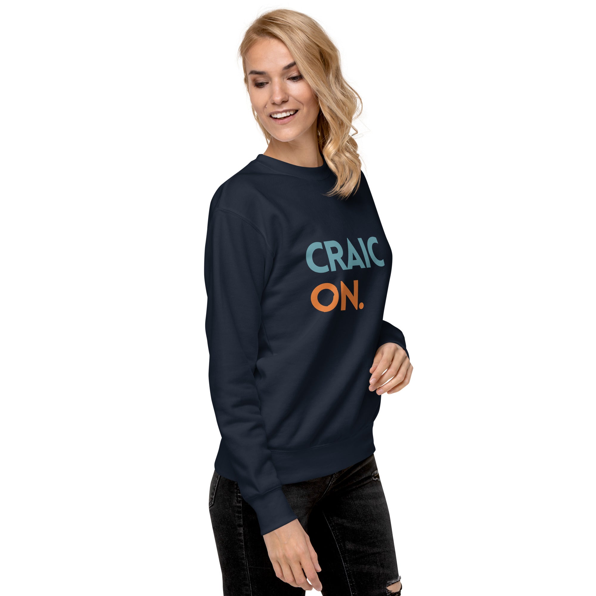 
Funny Irish slogan jumper in navy with ‘Craic on’ text