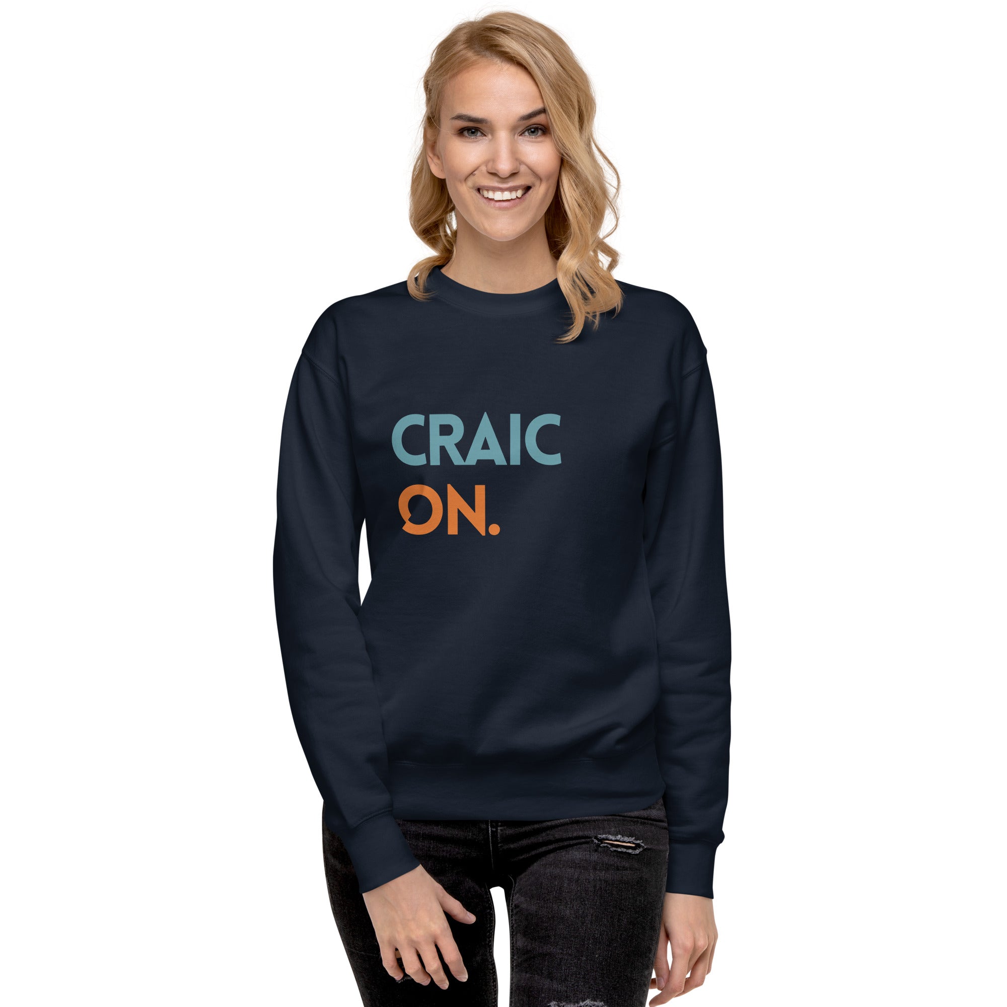 
Funny Irish slogan jumper in navy with ‘Craic on’ text