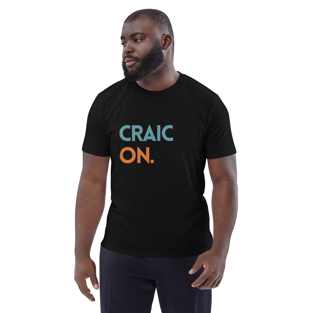Funny Irish slogan tshirt in black with ‘Craic on’ text