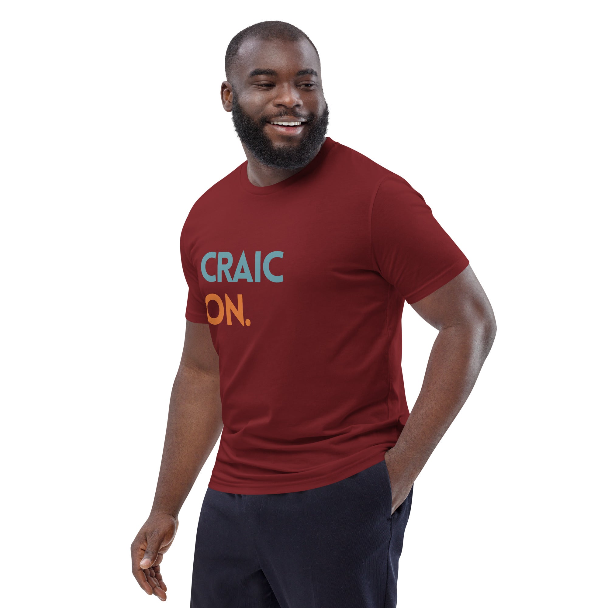 Funny Irish slogan t-shirt in burgundy with ‘Craic on’ text
