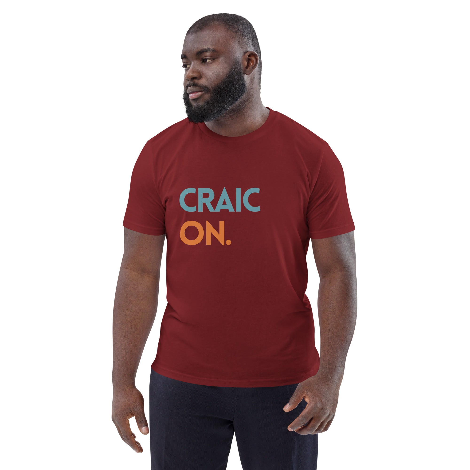 Funny Irish slogan t-shirt in burgundy with ‘Craic on’ text