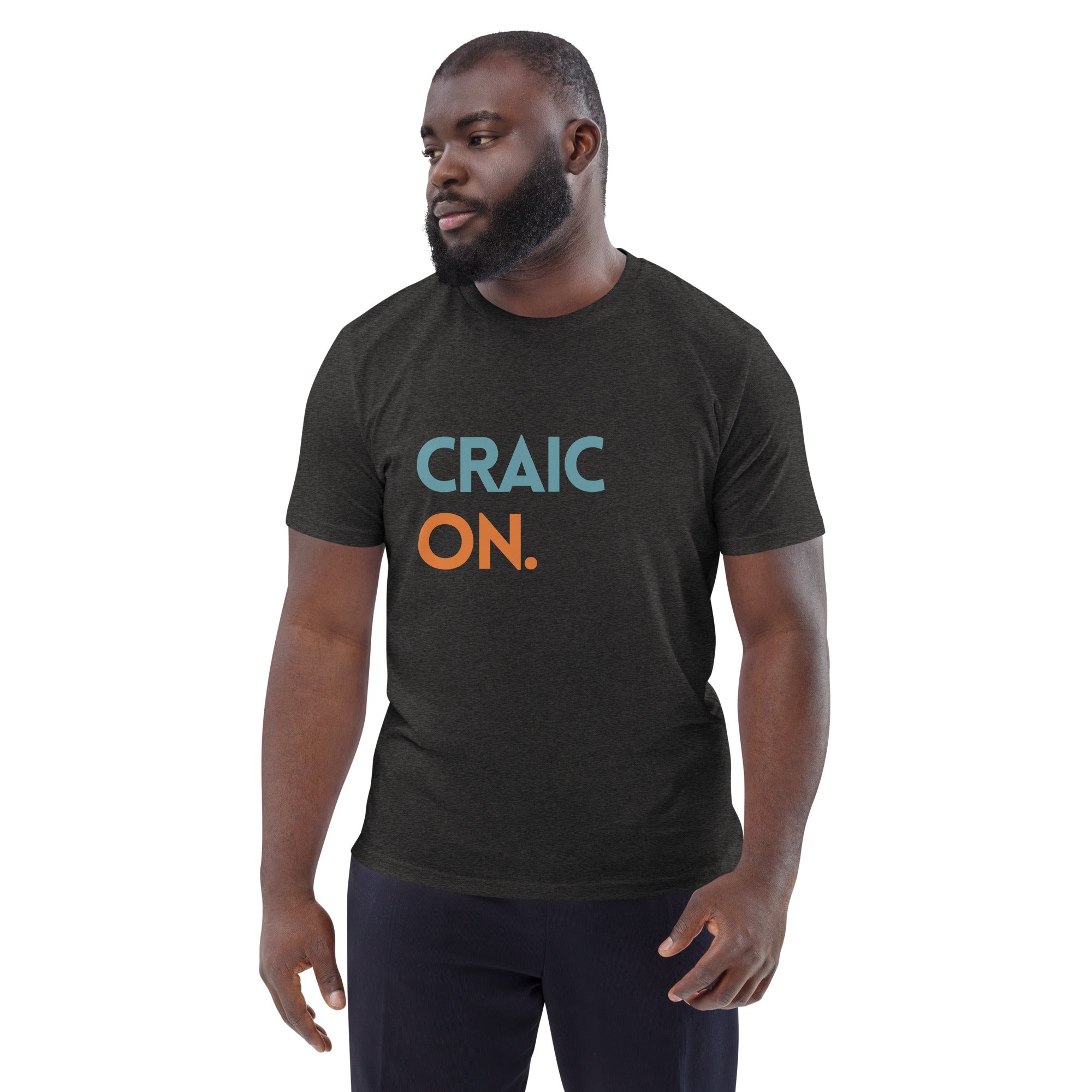 Funny Irish slogan t-shirt in dark green with ‘Craic on’ text
