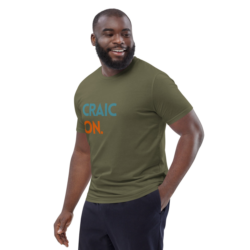 Funny Irish slogan t-shirt in khaki with ‘Craic on’ text