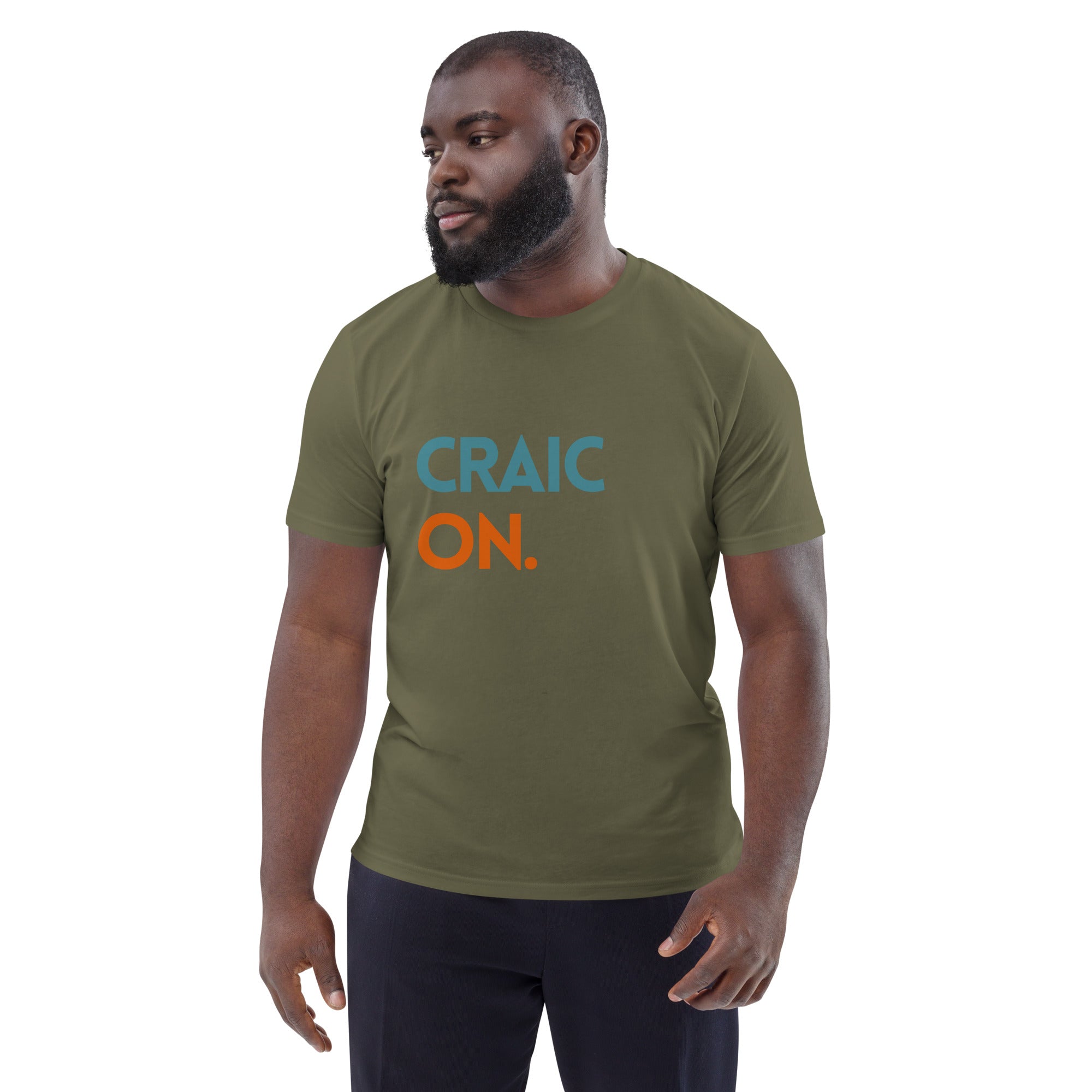 Funny Irish slogan t-shirt in khaki with ‘Craic on’ text