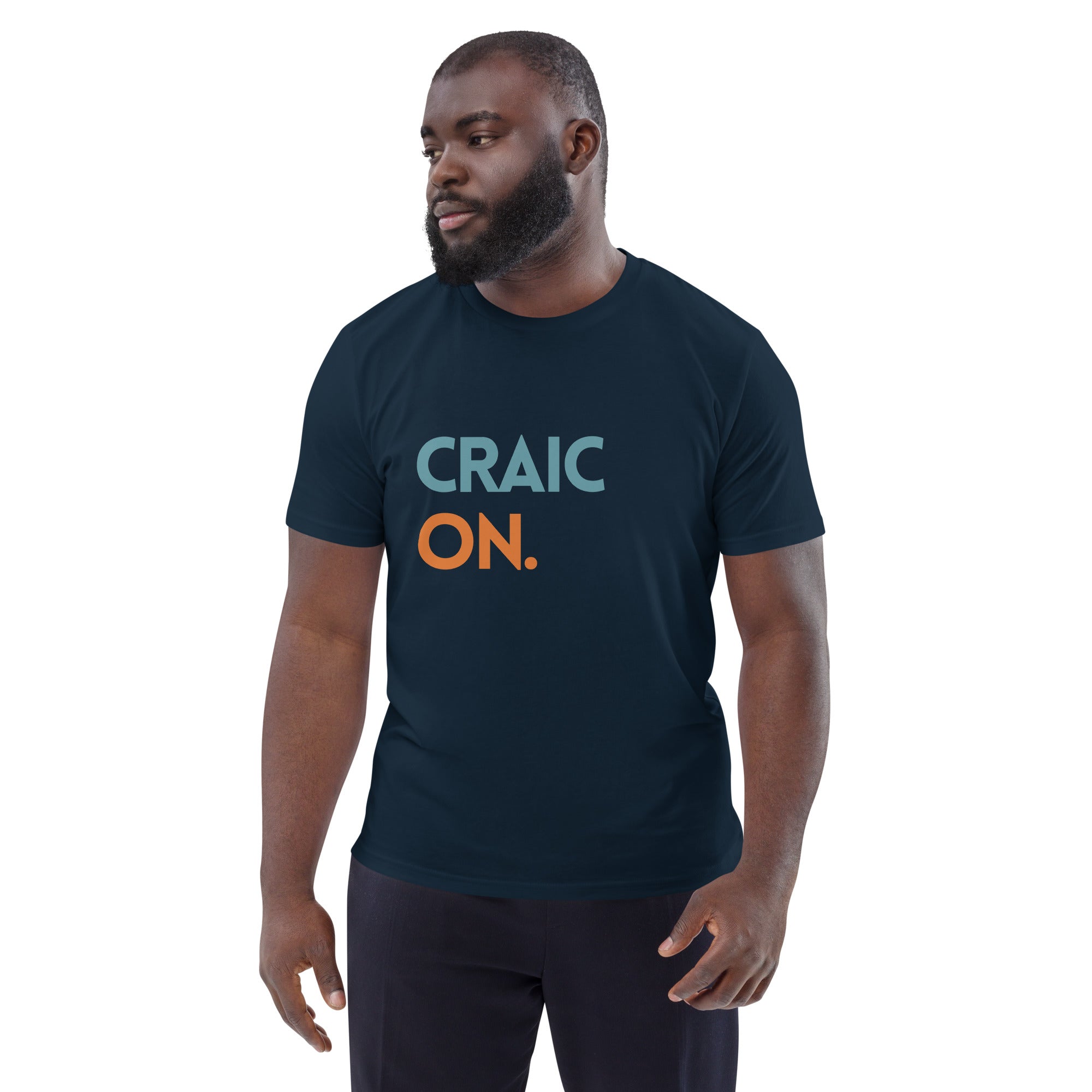 Funny Irish slogan tshirt in navy with ‘Craic on’ text