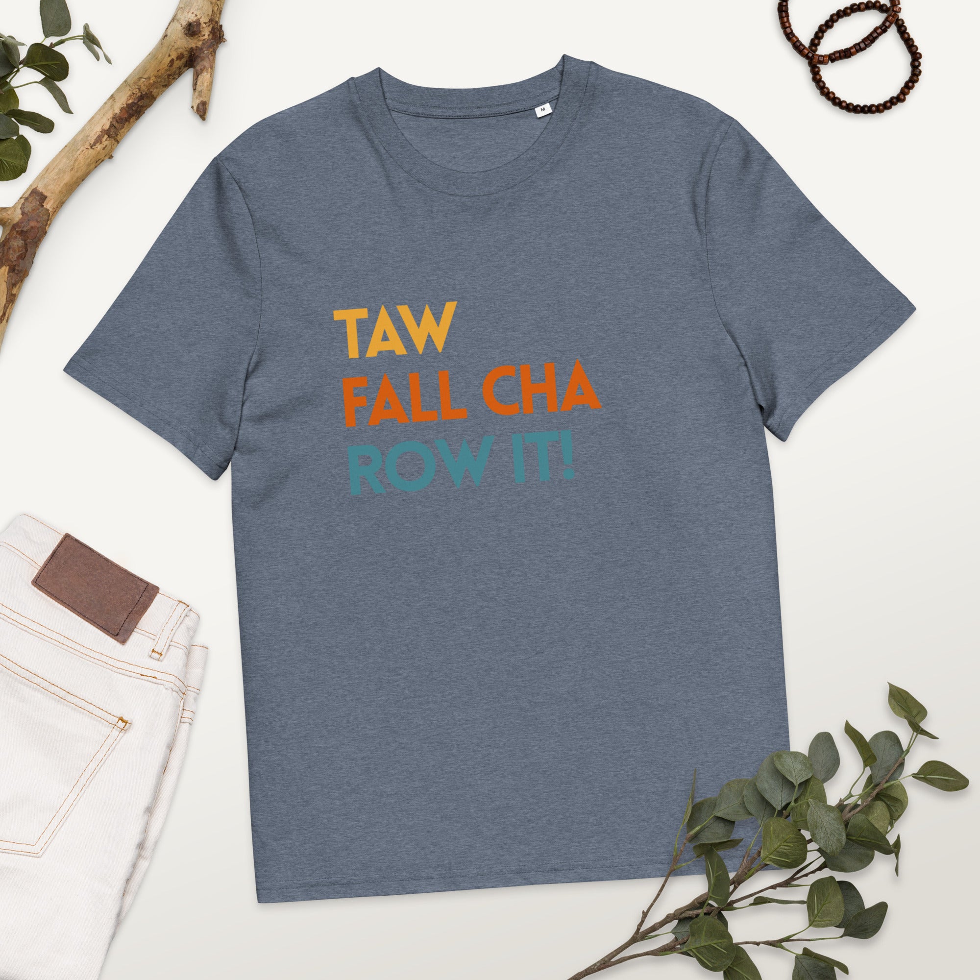 
Funny Irish slogan T-shirt in blue grey with ‘Ta failte romhat’ text