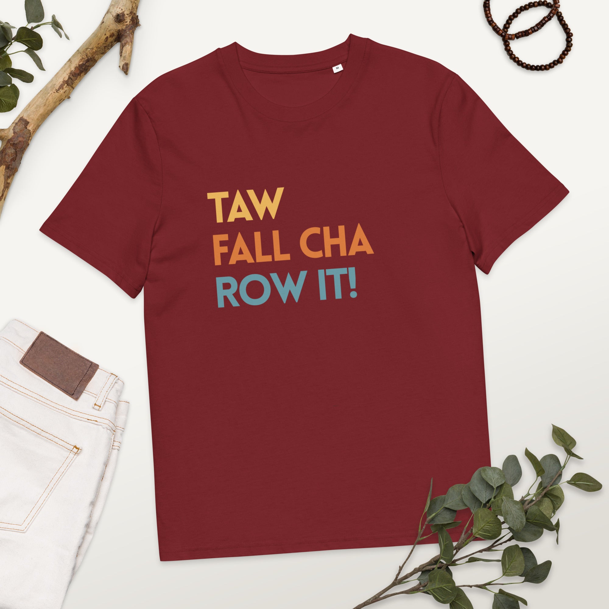 Funny Irish slogan T-shirt in burgundy with ‘Ta failte romhat’ text