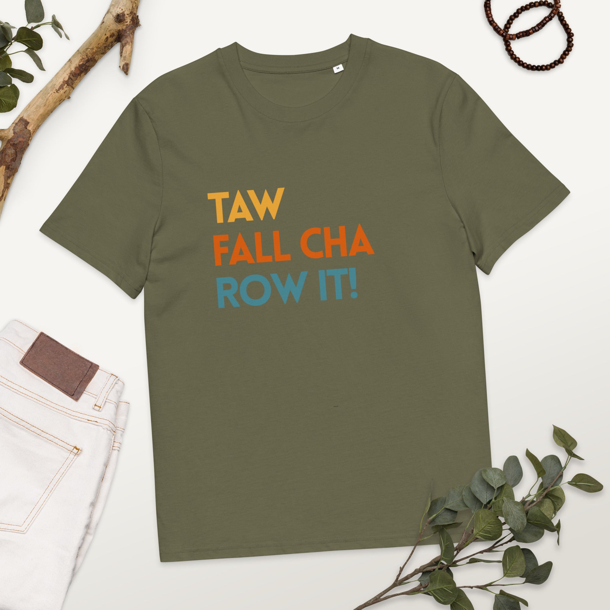 
Funny Irish slogan T-shirt in khaki with ‘Ta failte romhat’ text