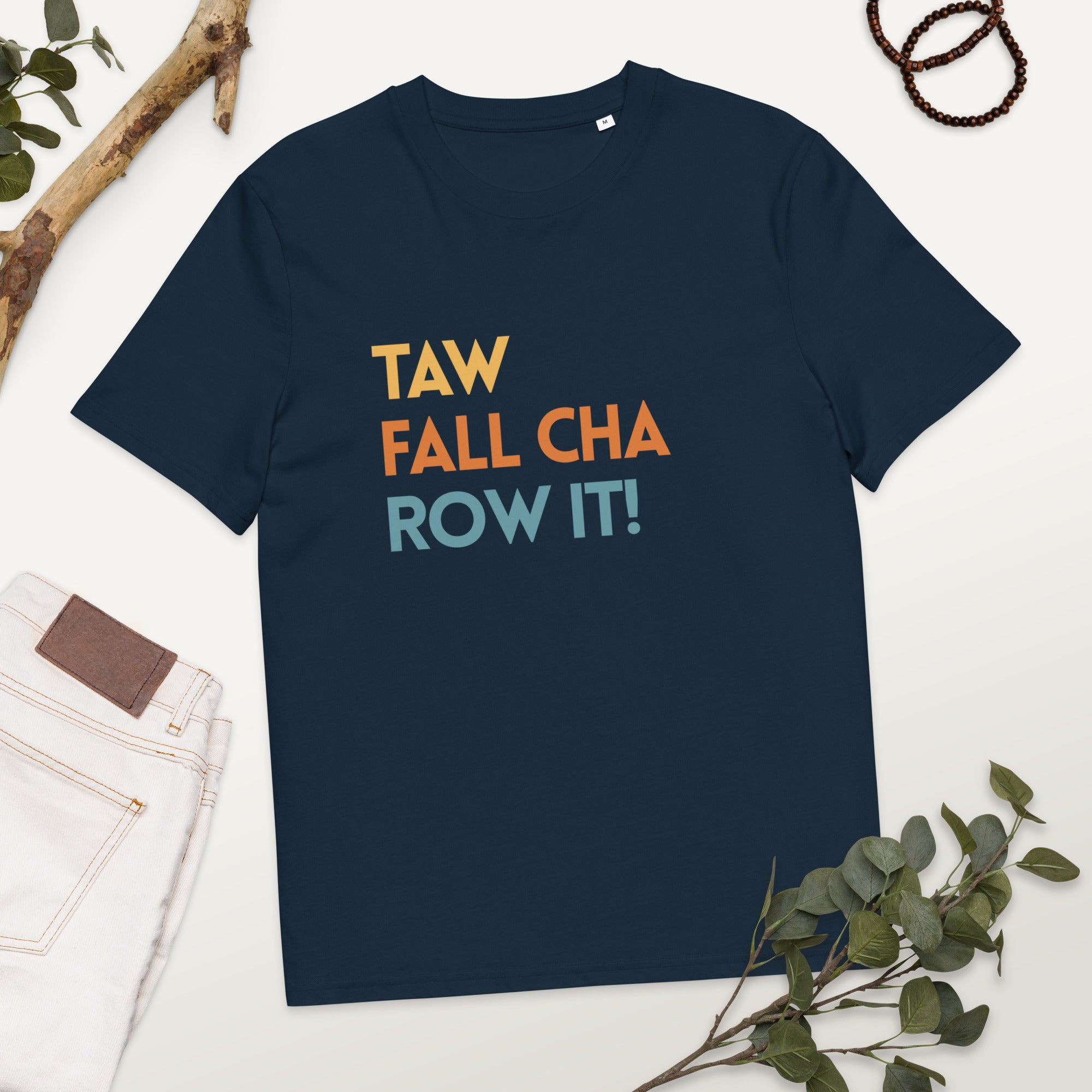 Funny Irish slogan T-shirt in navy with ‘Ta failte romhat’ text