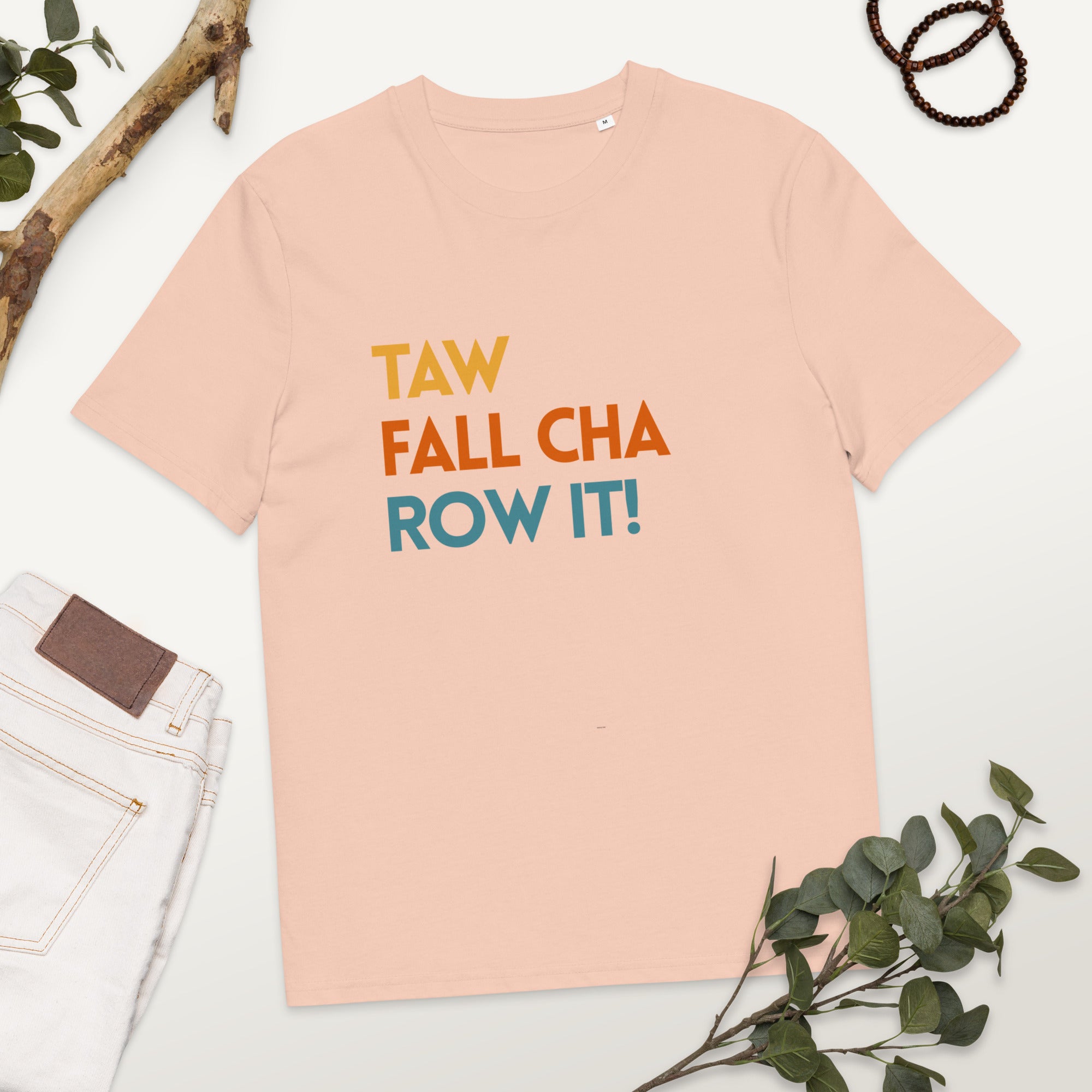 Funny Irish slogan T-shirt in peach with ‘Ta failte romhat’ text