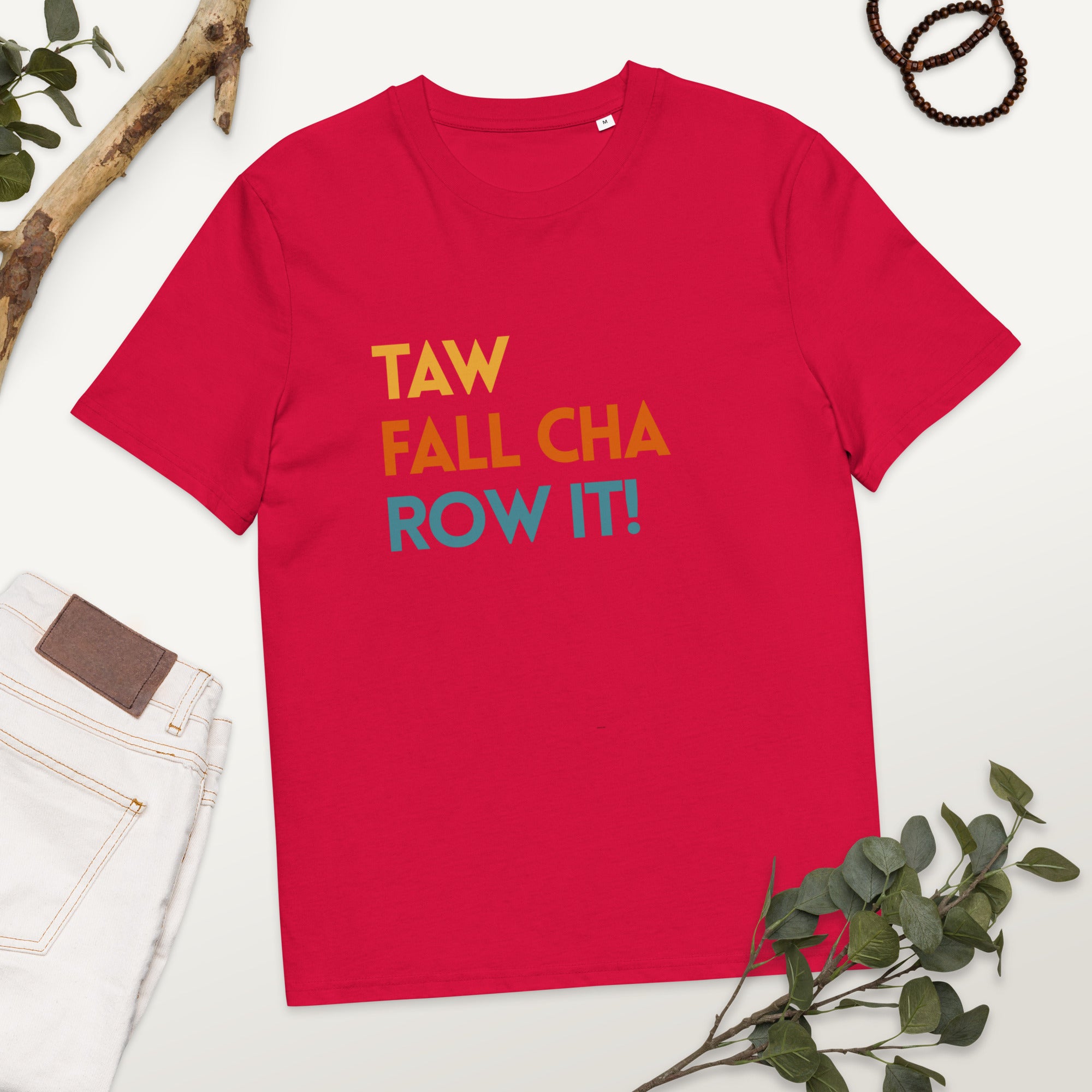 Funny Irish slogan T-shirt in red with ‘Ta failte romhat’ text