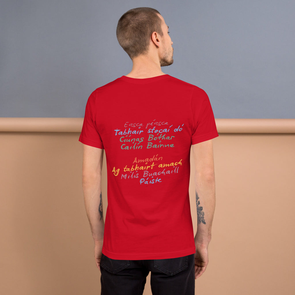 Red unisex T-shirt with multiple Gaeilge Irish slogan "Easca peasca" "Amadan"