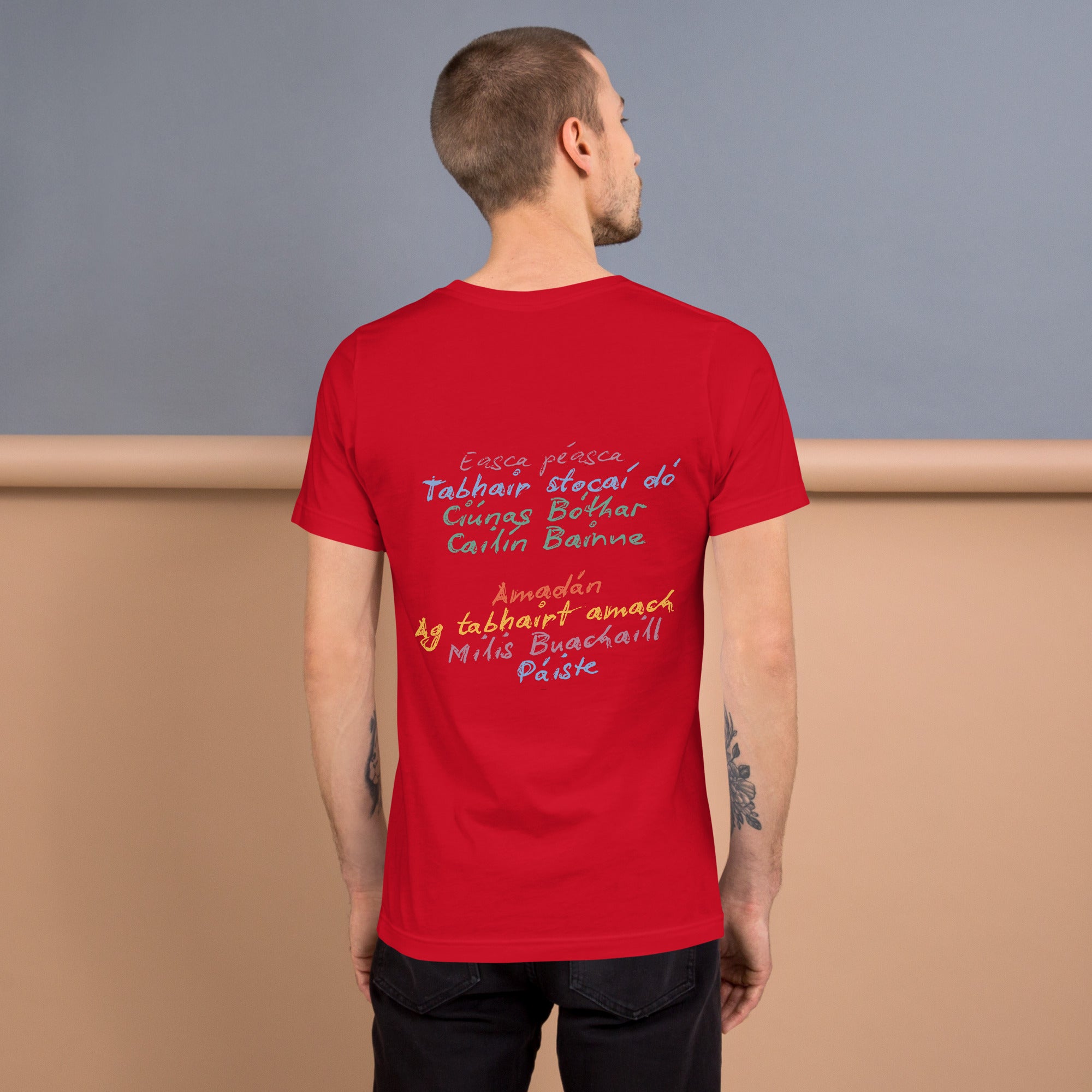 Red unisex T-shirt with multiple Gaeilge Irish slogan "Easca peasca" "Amadan"